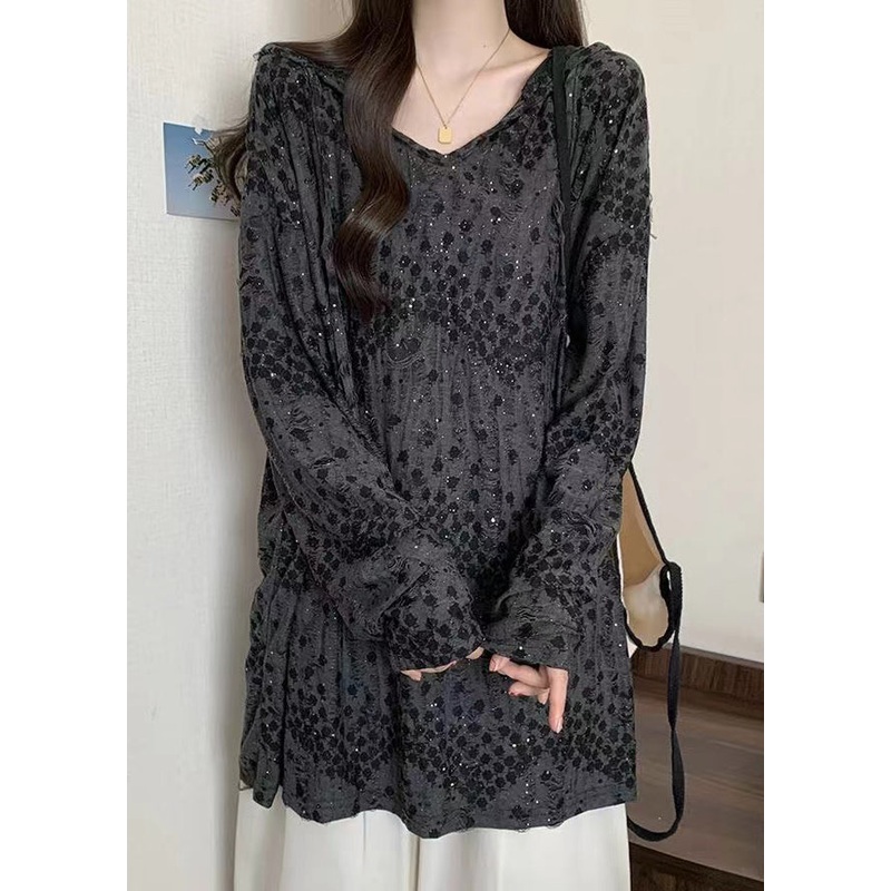 Loose Grey Hooded Print Cotton T Shirt Long Sleeve