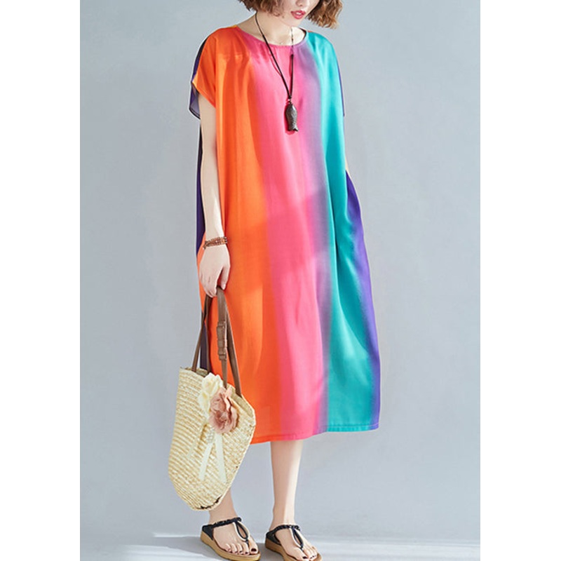 Loose Rainbow Striped O Neck Pockets Cotton Dress Summer
