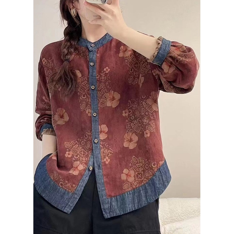 Loose Red Print Patchwork Shirt Spring