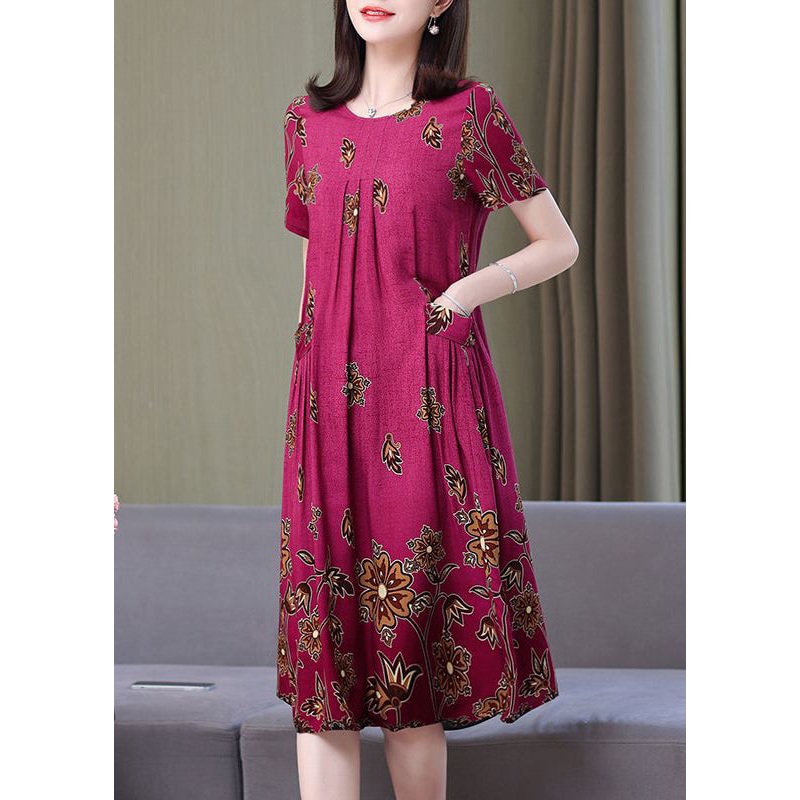 Loose Rose O Neck Print Pockets Cotton Dresses Summer