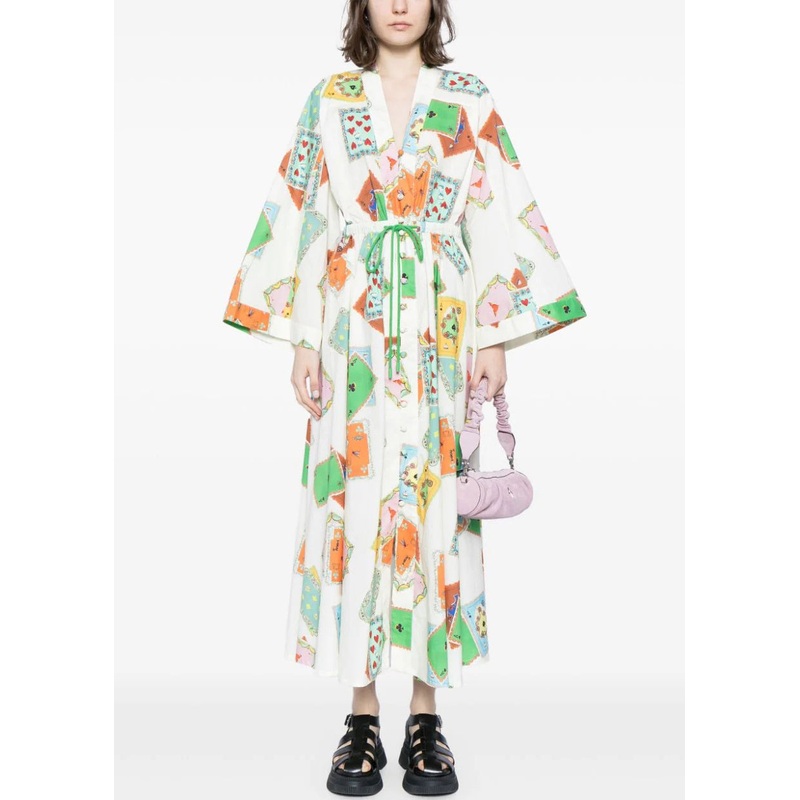 Loose White Button Print Lace Up Cotton Dresses Fall