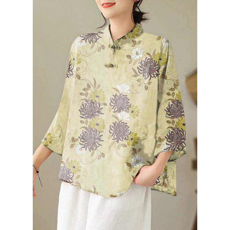Loose Yellow chrysanthemum Stand Collar Embroideried Print Cotton Shirt Bracelet Sleeve