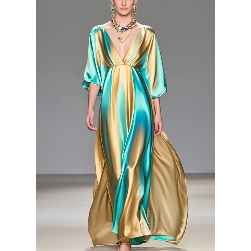 Modern Colorblock V Neck Tie Dye Silk Vacation Dresses Summer