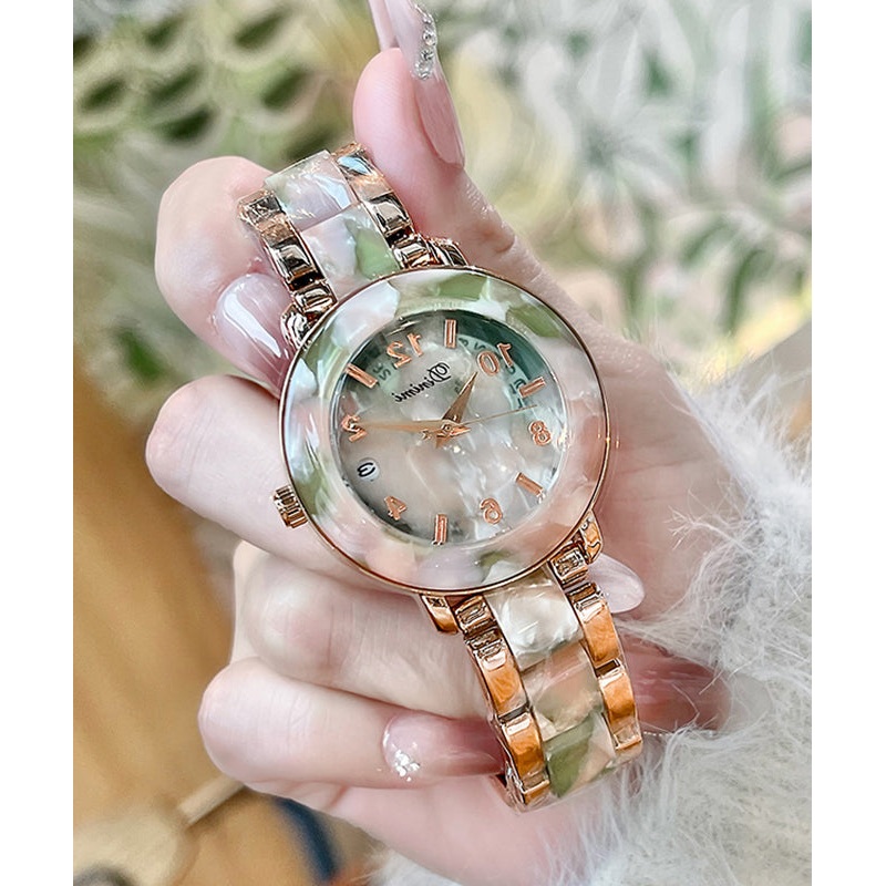 Modern Light Green Stainless Steel Quartz Movement Tempere Glass Ceramic Watches