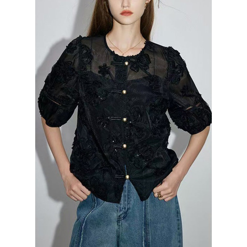 New Black Embroidered Oriental Button Cotton Shirts Summer