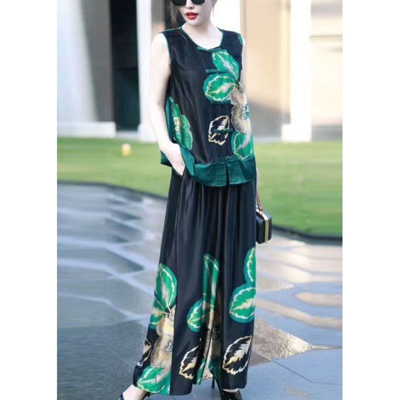 New Black Print Tank And Wide Leg Pants Silk Two Pieces Set Sleeveless