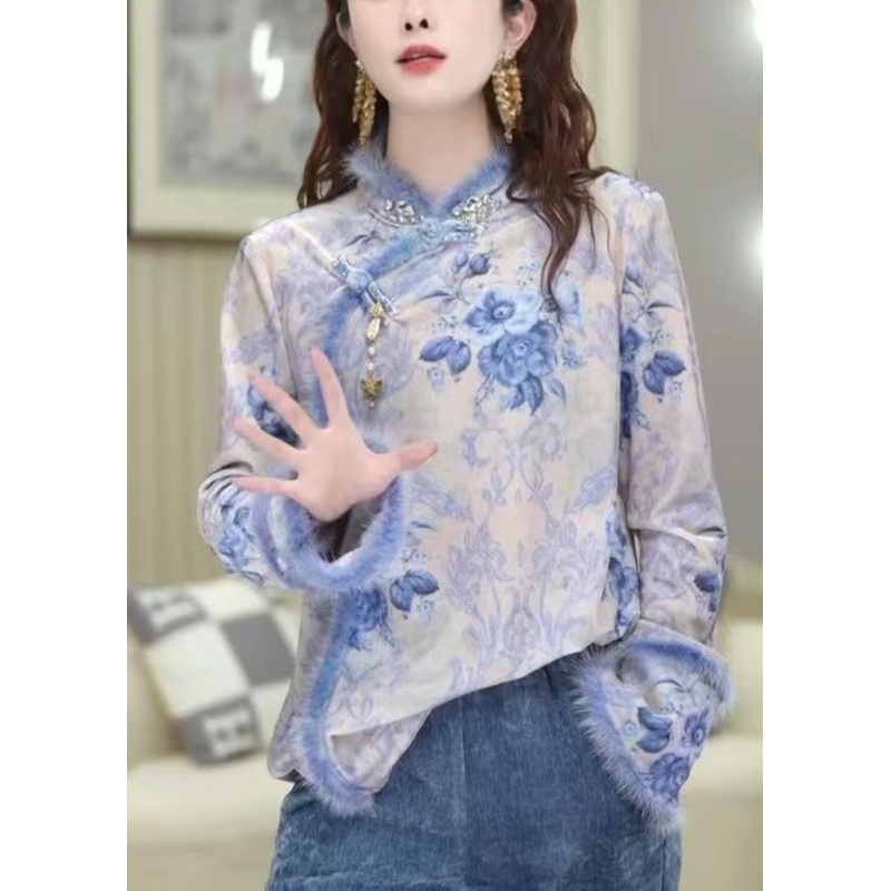 New Blue Button Print Patchwork Blouses Spring