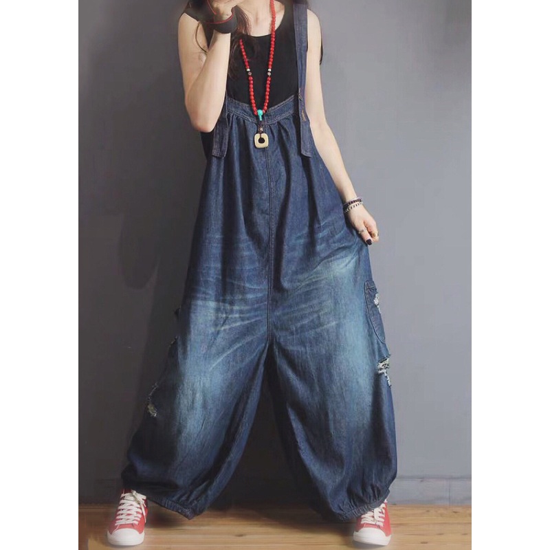 New Blue Pockets Hole Denim Jumpsuit Sleeveless
