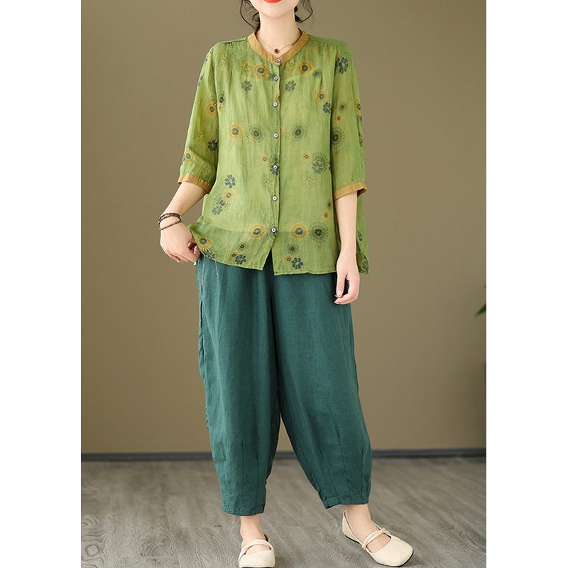 New Green Button Print Cotton Two Piece Outfit Bracelet Sleeve