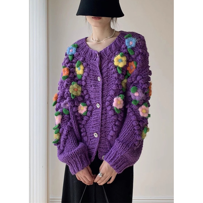 New Purple Button Floral Patchwork Knit Coat Winter
