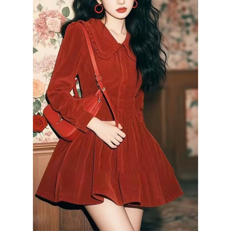 New Red Peter Pan Collar Button Corduroy Mid Dress Spring