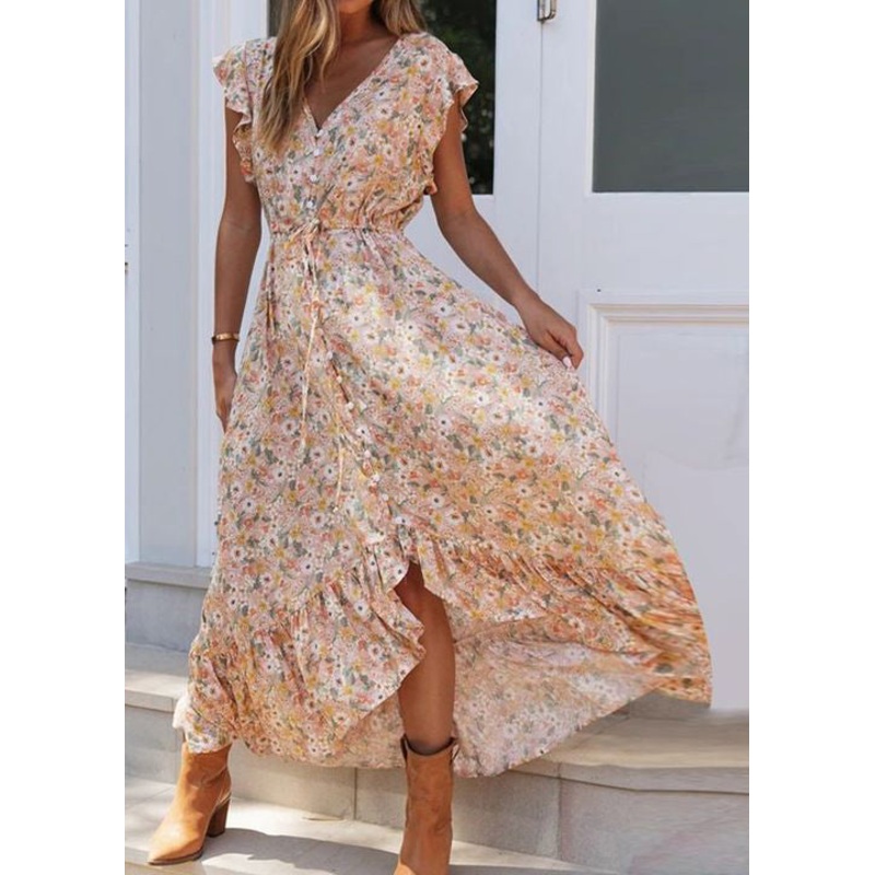 New Ruffled Lace Up Print Chiffon Dresses Summer