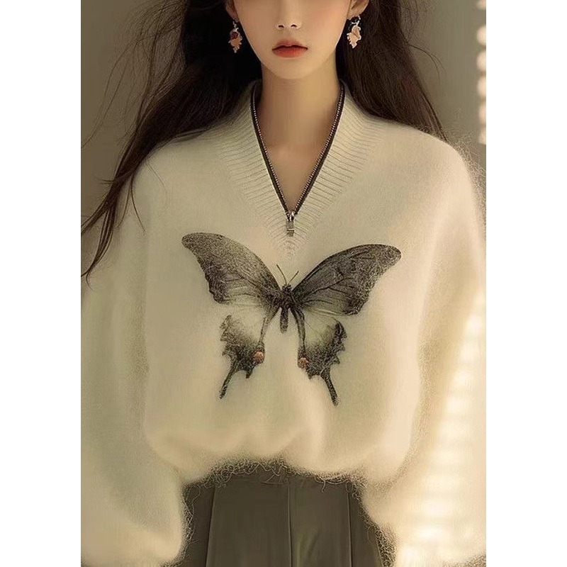 New White Zip Up Butterfly Print Knit Sweater Winter