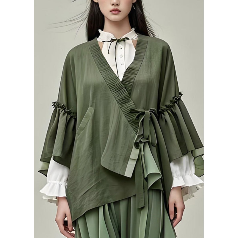 Original Army Green Ruffled Lace Up Patchwork Cotton Coat Batwing Sleeve