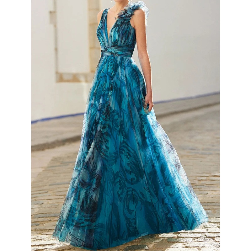 Peacock Blue Stereo Floral Decor Allover Pattern Maxi Dress