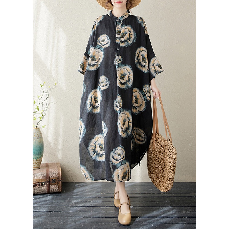 Plus Size Black Stand Collar Print Long Dress Long Sleeve