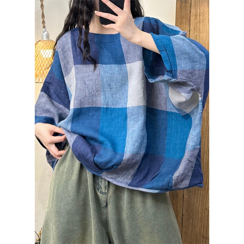 Plus Size Blue Plaid O-Neck Cotton Top Batwing Sleeve