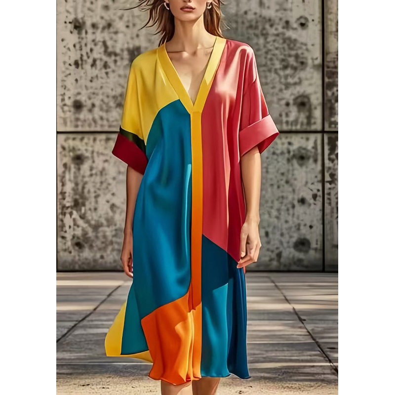Plus Size Colorblock Oversized Patchwork Silk Dress Summer