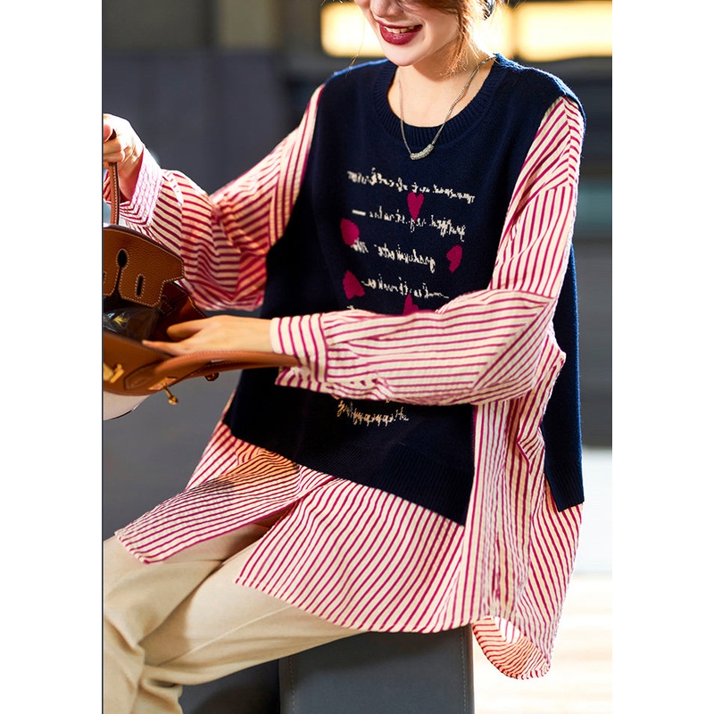 Plus Size Navy Striped Patchwork False Two Pieces Cotton Blouse Long Sleeve