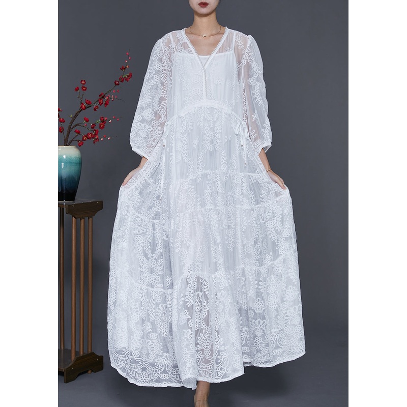 Plus Size White Embroidered Lace Maxi Dresses Spring