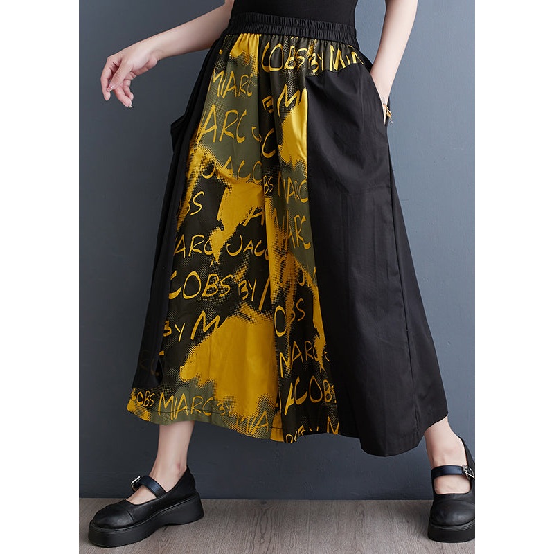 Plus Size Yellow Pockets Elastic Waist Cotton Crop Wide Leg Pants Summer