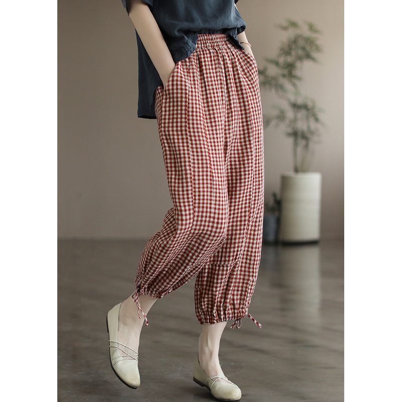 Red Lace Up High Waist Linen Thin Wide Leg Pants