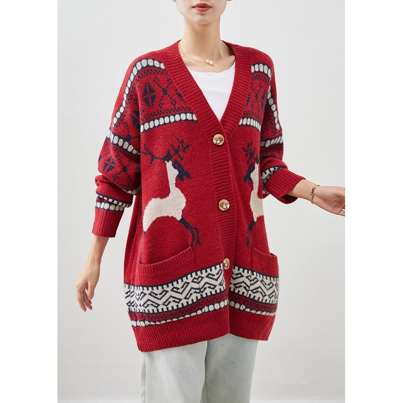 Red Print Knit Cardigans V Neck Pockets Winter