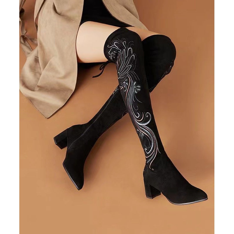 Retro Black Chinese Style Embroideried Chunky Knee Boots
