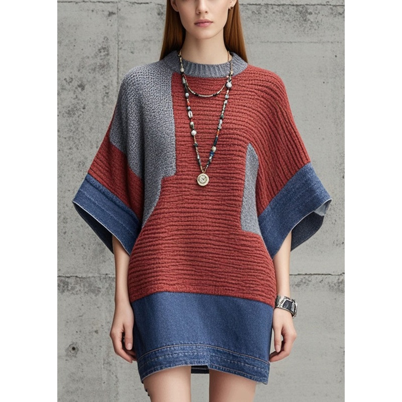 Silm Fit Colorblock Patchwork Denim Sweater Dress Batwing Sleeve