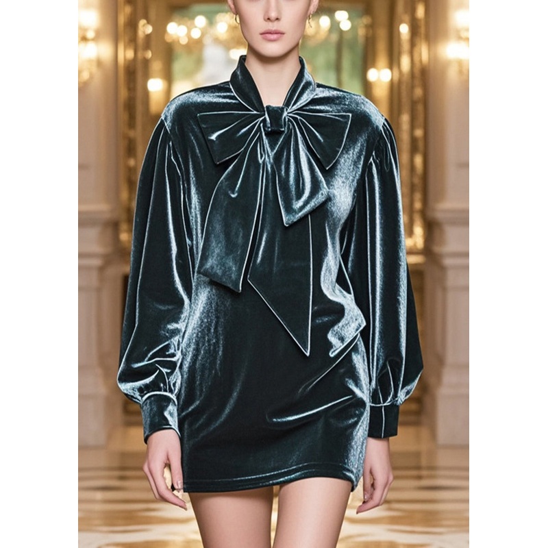 Simple Blackish Green Bow Neck Silk Velour Shirt Tops Fall