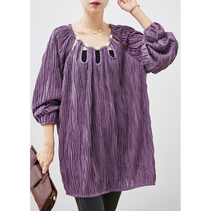Simple Purple Nail Bead Hollow Out Cotton Shirt Spring
