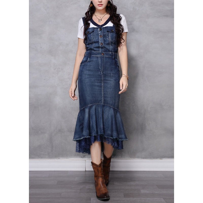 Slim Fit Navy Slash Neck Patchwork Spaghetti Strap Denim Fishtail Dress Summer