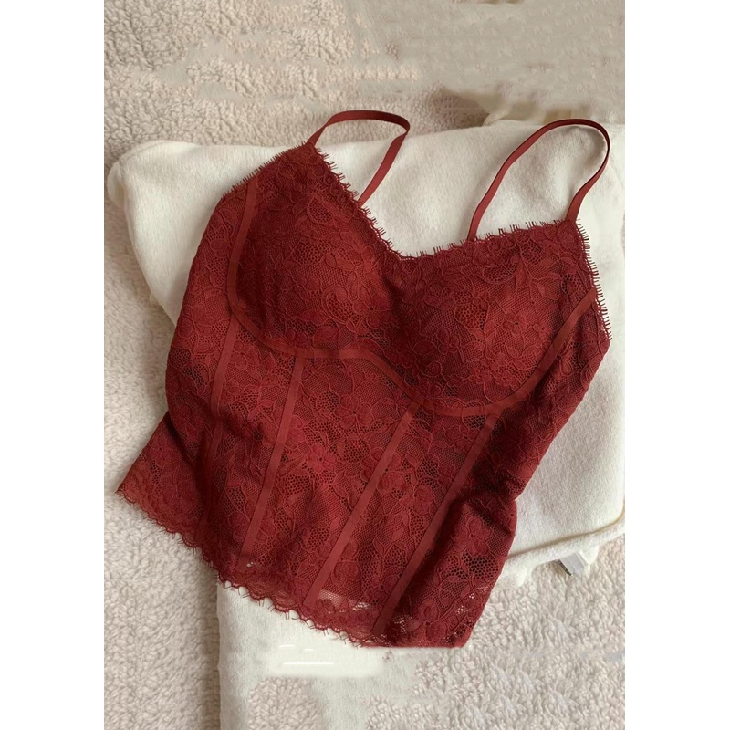 Slim Fit Red V Neck Solid Lace Spaghetti Strap Tank Sleeveless