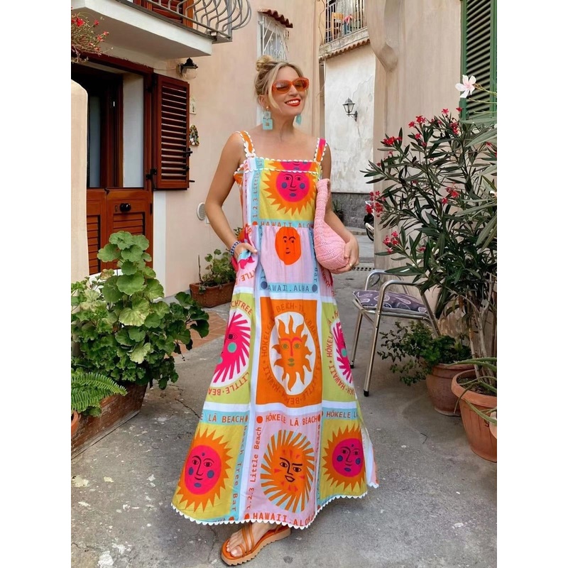 Smiley Lace Strap Print Large Slit Dress