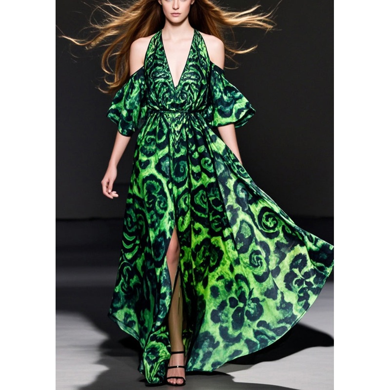Style Green Cold Shoulder Print Side Open Chiffon Long Dresses Summer