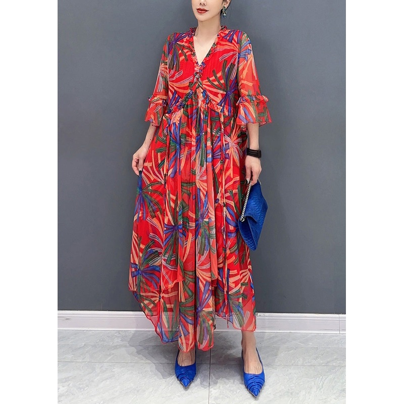 Style Red V Neck Drawstring Vacation Chiffon Maxi Dresses Summer