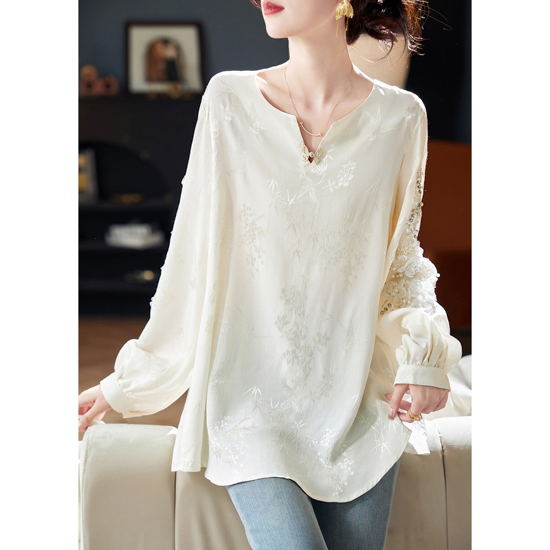 Style White Nail Bead Jacquard Chiffon Blouses Spring