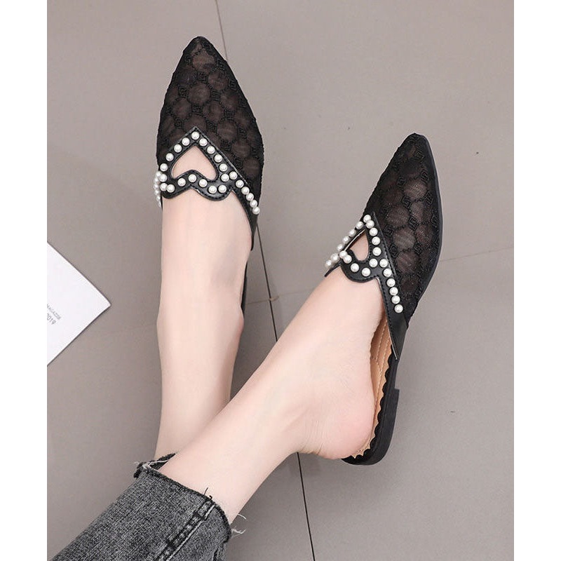 Stylish Black Breathable Mesh Splicing Slide Sandals Nail Bead
