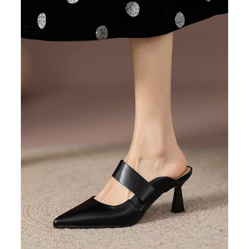 Stylish Black Splicing High Heel Slide Sandals Pointed Toe