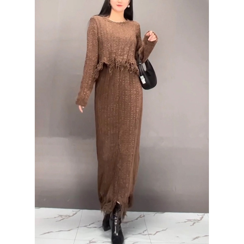 Stylish Brown O-Neck Asymmetrical Tassel Top And Maxi Skirts Two Pieces Set Fall