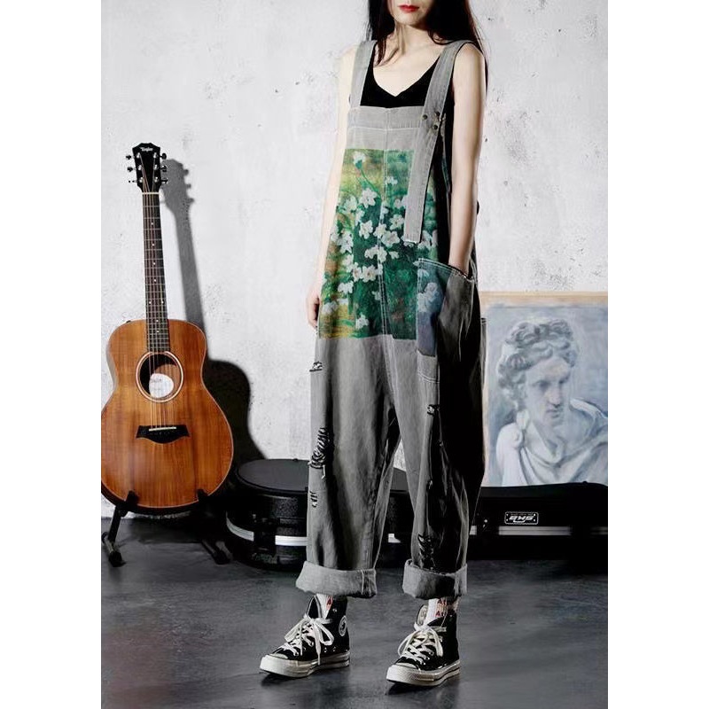 Stylish Grey Print Pockets Denim Ripped Overalls Jumpsuit Spring