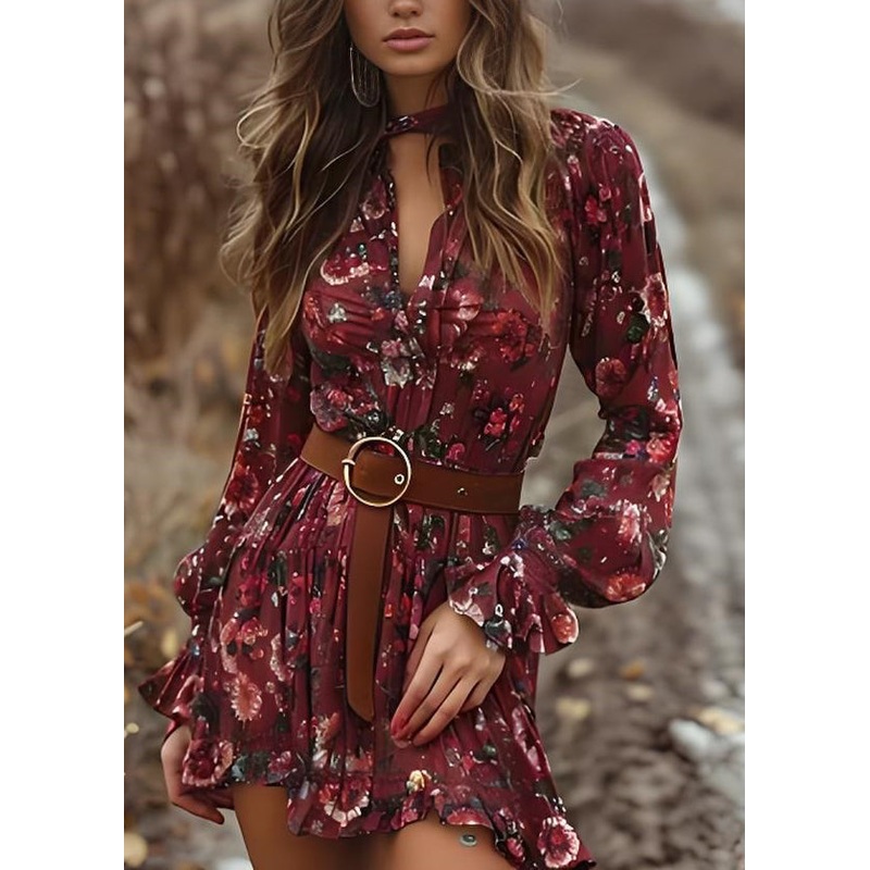 Stylish Ruffled Print Cotton Mid Dress Spring