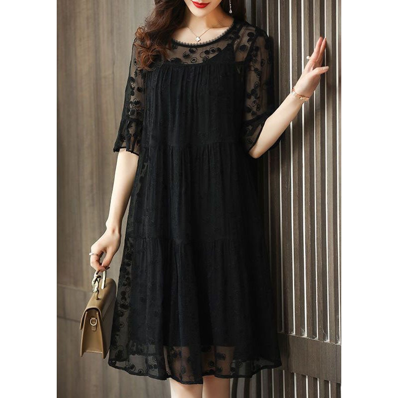 Unique Black O-Neck Embroideried Patchwork Tulle Dress Half Sleeve