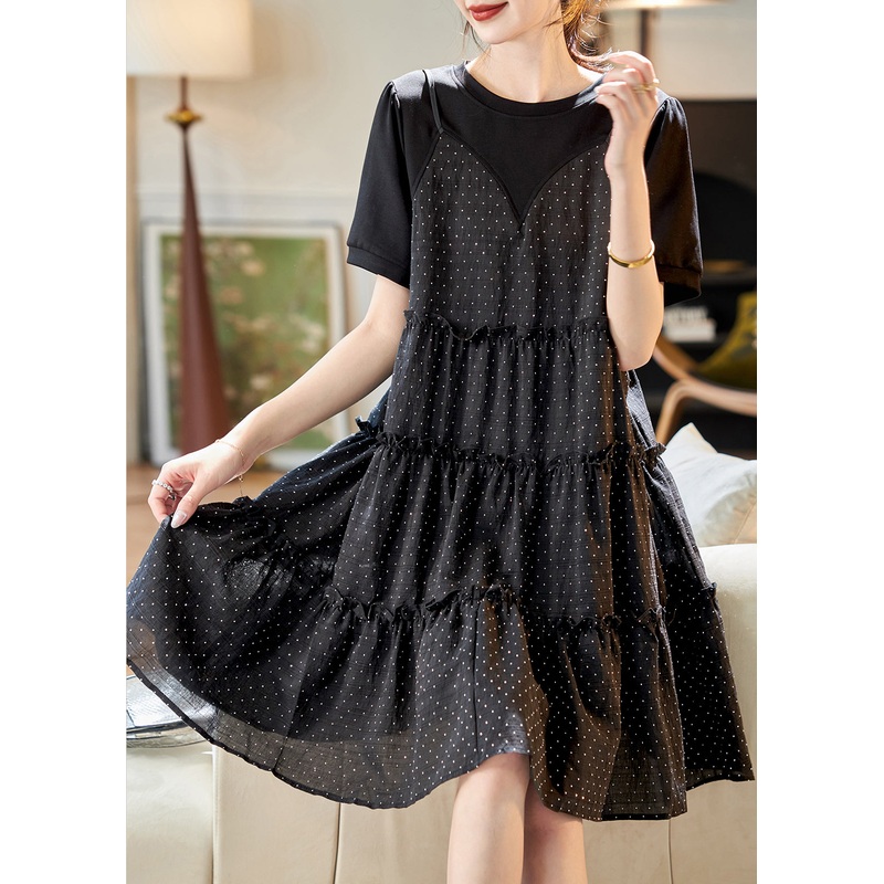 Unique Black O-Neck Patchwork Dot Print Fake Two Pieces Chiffon Mid Dresses Summer