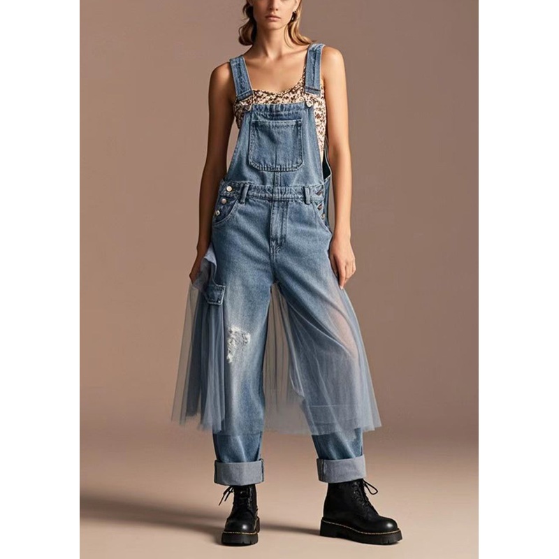 Unique Blue Oversized Tulle Patchwork Denim Ripped Jumpsuits Spring