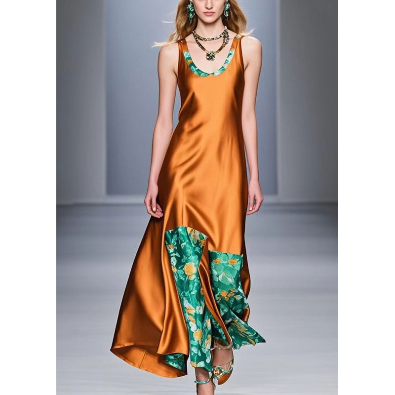 Unique Caramel Asymmetrical Patchwork Silk Long Dress Sleeveless