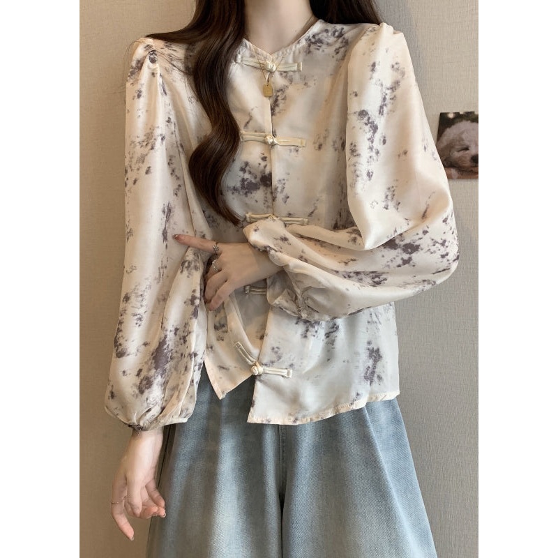 Vintage Apricot Chinese Button Tie Dye Silk Blouse Top Fall