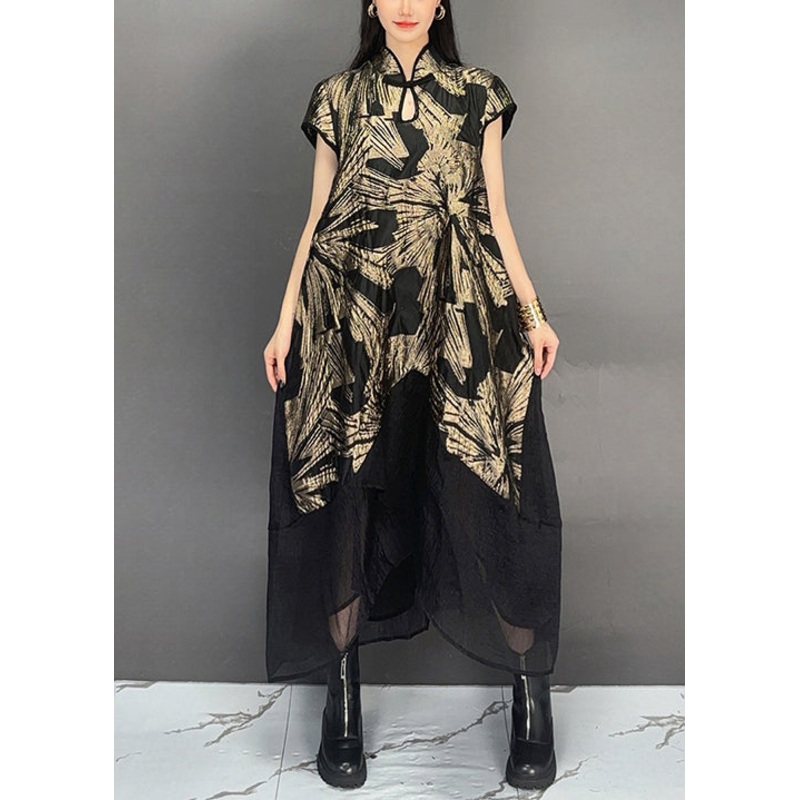 Vintage Gold Stand Collar Print Patchwork CottonDresses Summer