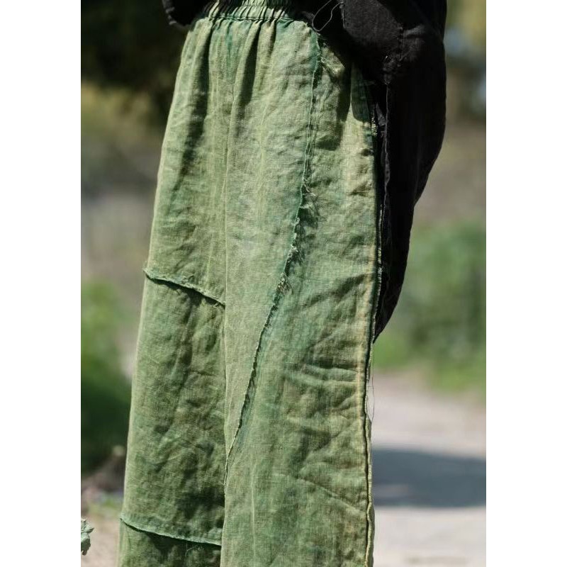 Vintage Green Pockets Elastic Waist Linen Crop Pants Summer