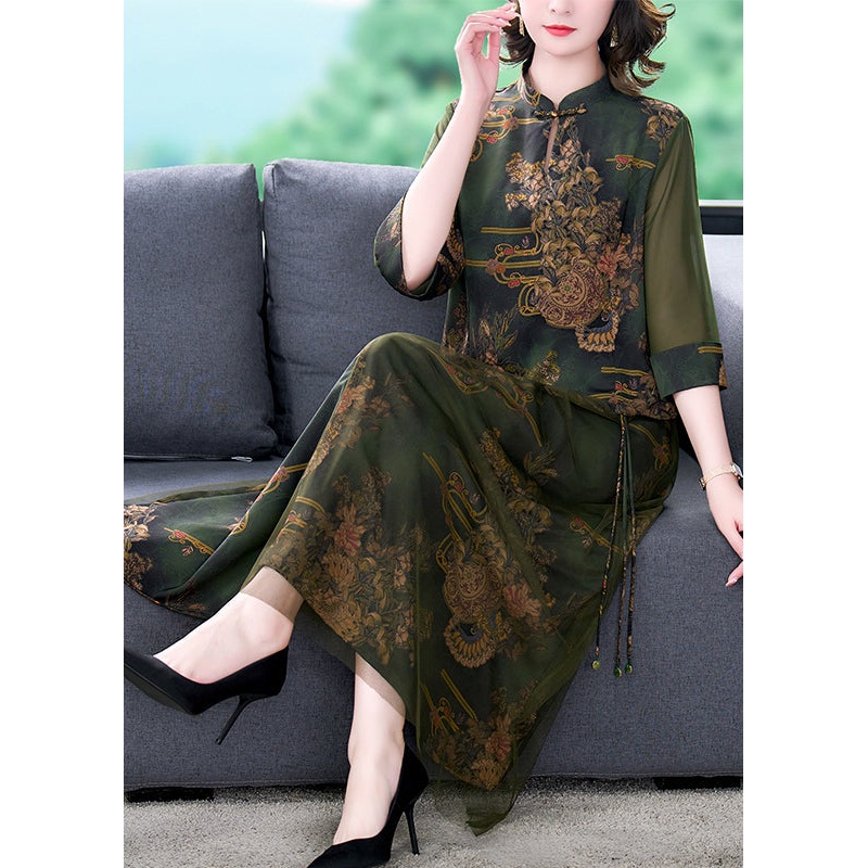 Vintage Green Stand Collar Tasseled Embroidered Silk Two Pieces Set Summer